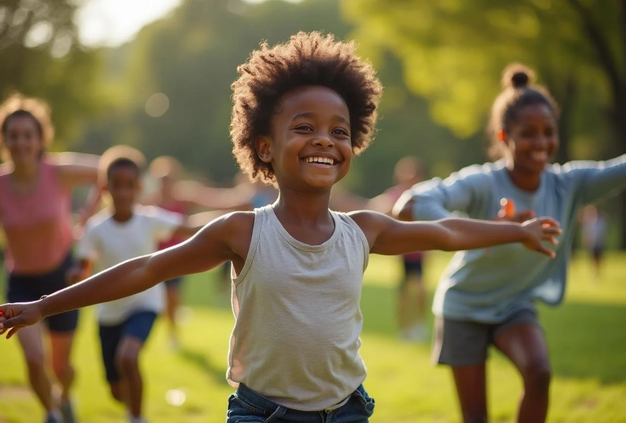 A group of children playing outdoors in a park, smiling, with the sun shining and trees in the background.