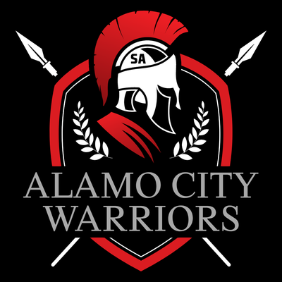 Logo of Alamo City Warriors featuring a Spartan helmet with a red plume, shield with a red border, and white crossed swords, with laurel branches, and text below.