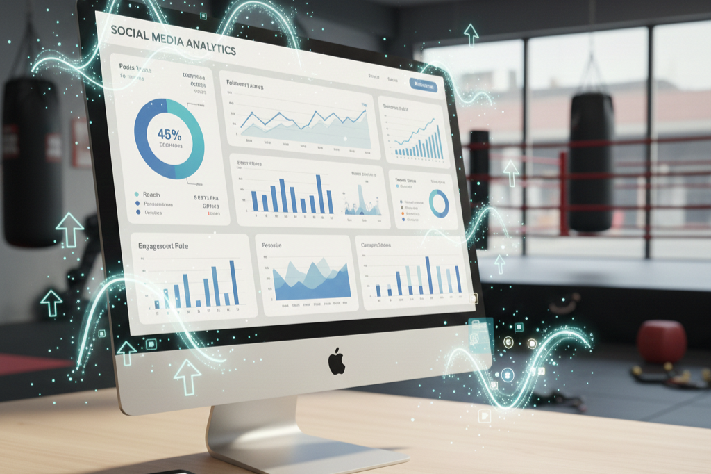 Computer monitor displaying social media analytics with various graphs and charts, surrounded by digital data icons and arrows.