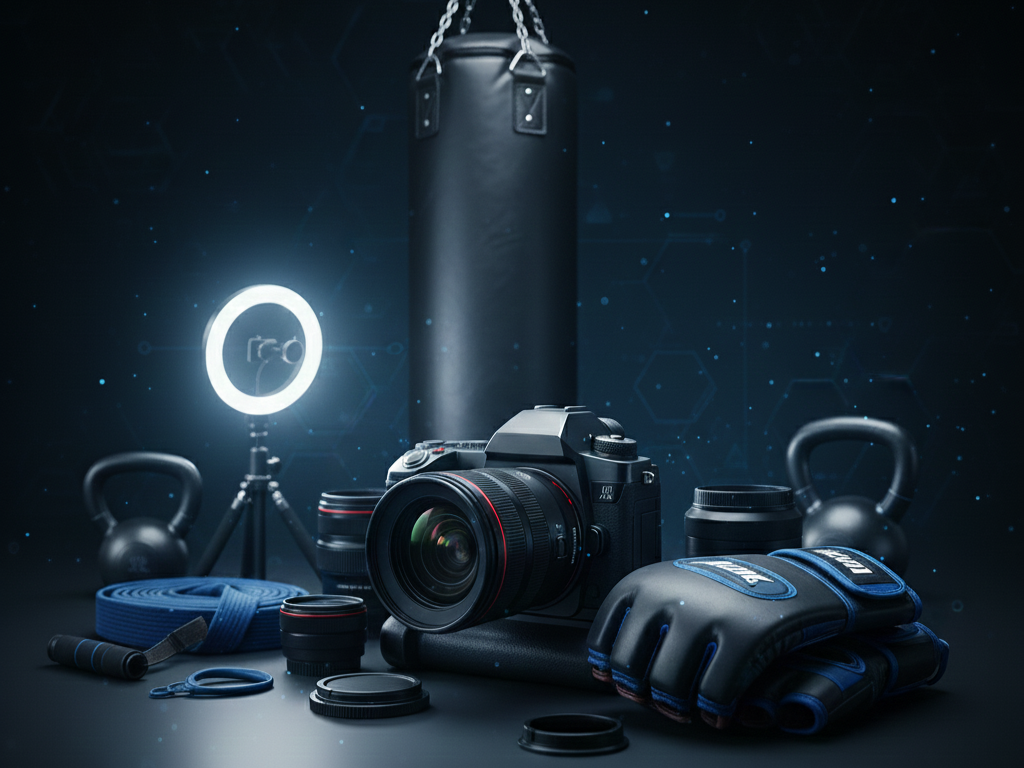 Camera, punching bag, kettlebells, boxing gloves, resistance band, water bottles, and a ring light on a dark background with tech-inspired patterns.