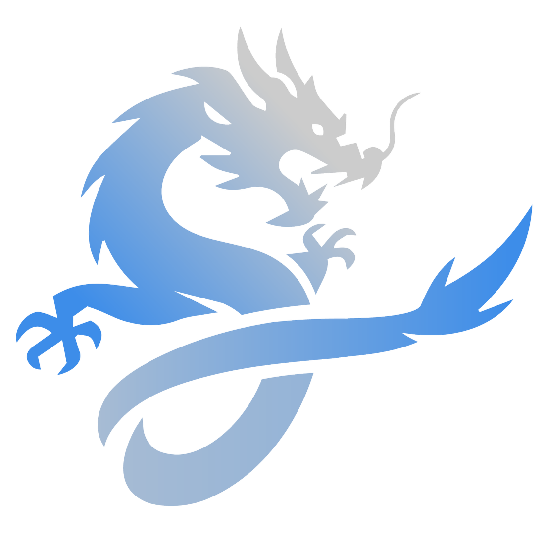 Stylized blue and silver dragon logo with serpentine body, fierce expression, and sharp features.