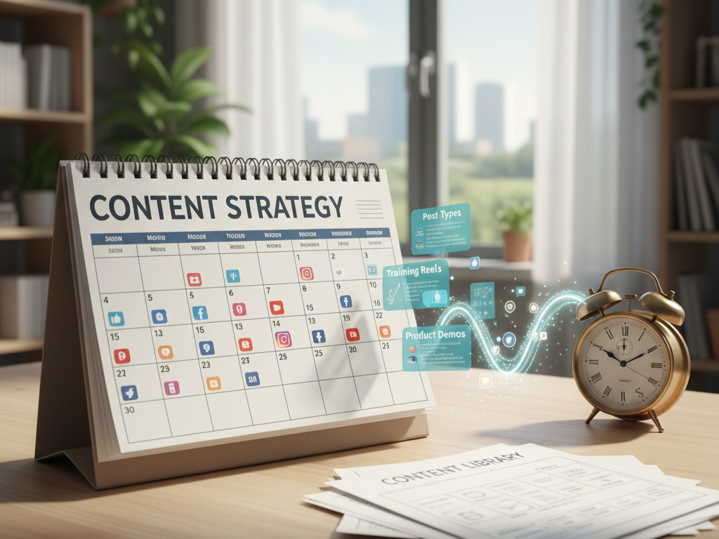 A desk calendar titled 'Content Strategy' displaying various social media icons and content topics, with digital floating icons and a vintage alarm clock nearby.