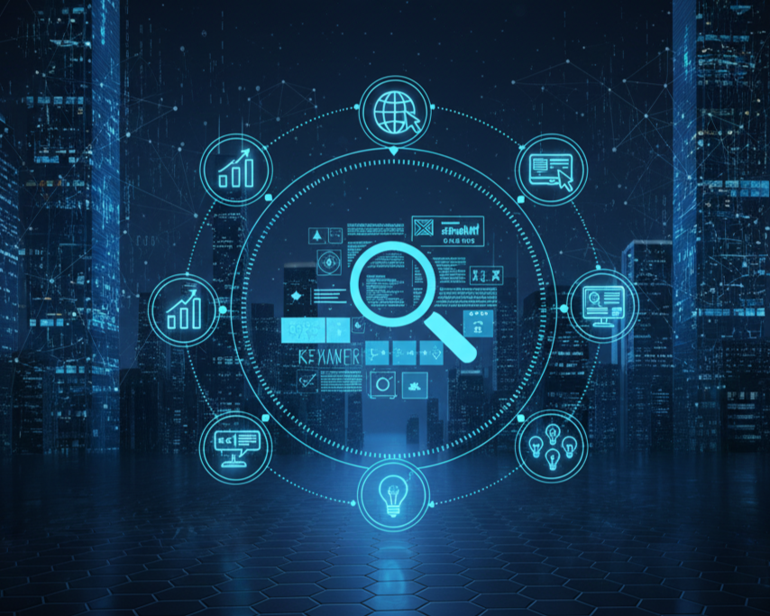 Futuristic cityscape with digital icons related to data analysis, internet, and technology surrounding a magnifying glass.