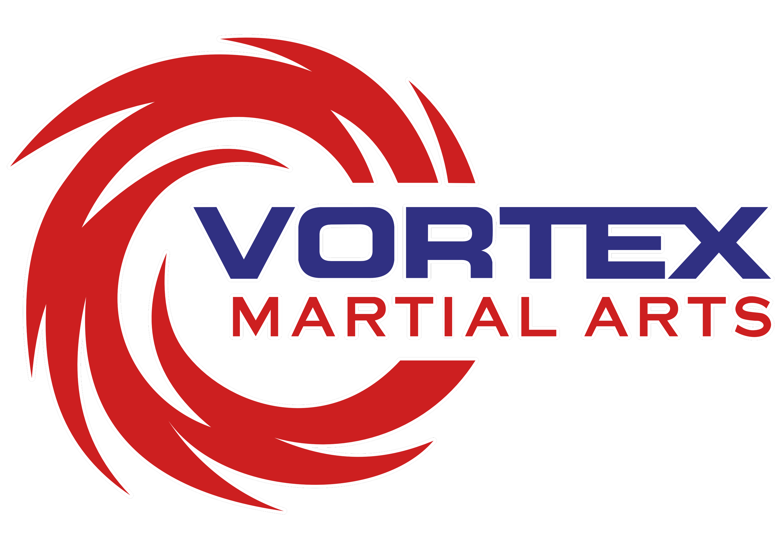 Vortex Martial Arts logo with a red spiral design and bold text in blue and red on a black background.