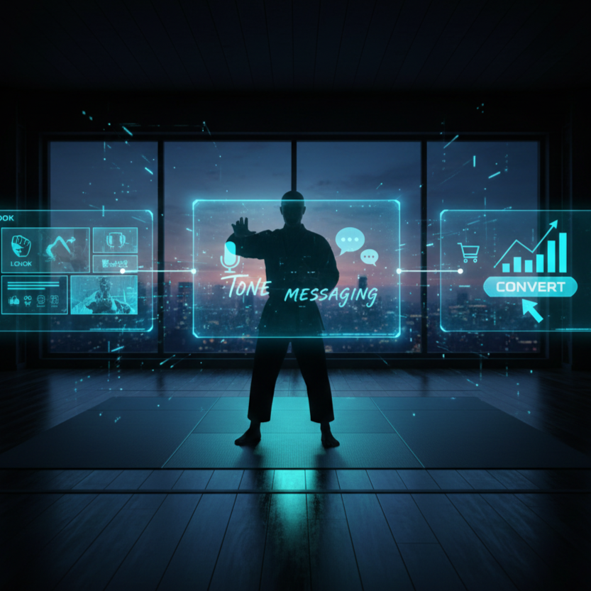 Silhouette of a person interacting with futuristic digital interface holograms in a high-rise room with city skyline visible through large windows at dusk.