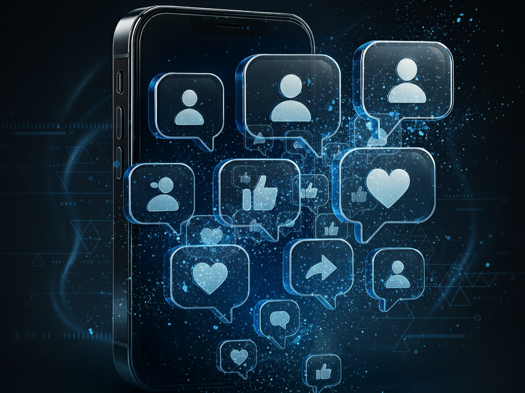 A smartphone displaying floating social media icons like likes, comments, hearts, and user profiles with a digital, futuristic background.