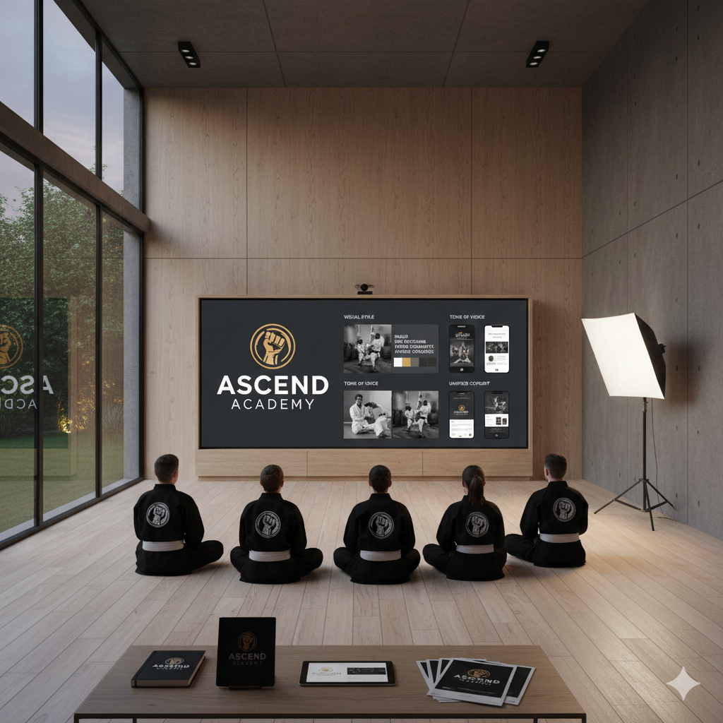 A group of five students in martial arts uniforms seated on the floor in front of a large screen displaying the logo and promotional material for Ascend Academy, with a camera, lights, and pamphlets on a table in the room.
