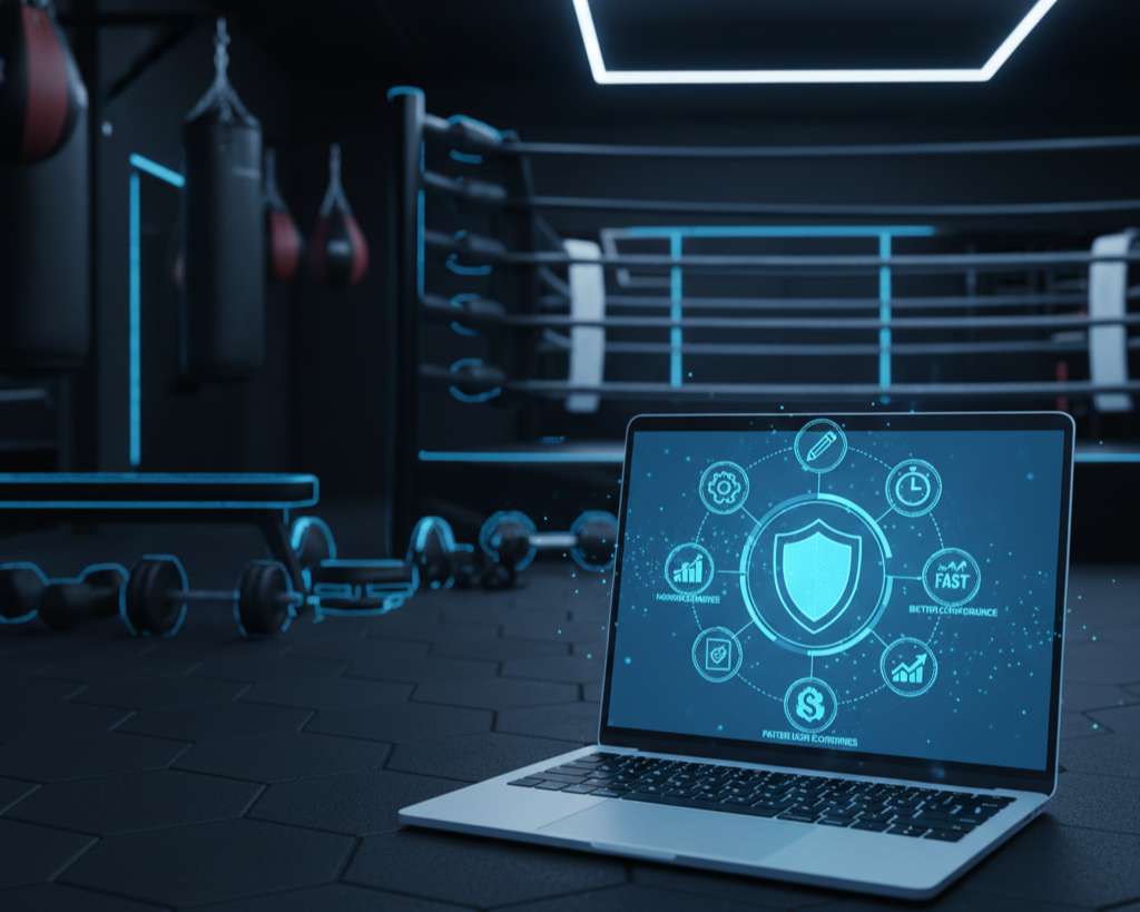 Gym with a laptop displaying cybersecurity icons, including shield, gear, clock, and graph, in a dark workout area with boxing rings, punching bags, and dumbbells.