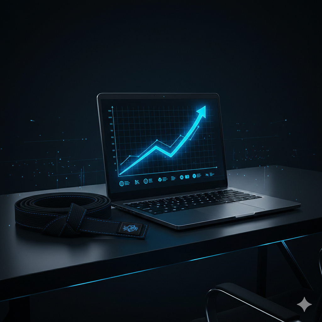 A laptop on a desk displays a glowing blue upward trending line graph, suggesting growth or success, with a dark background and a coiled belt beside it.