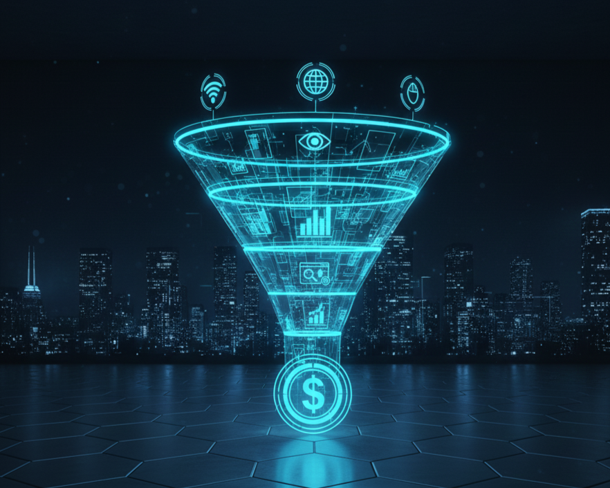 Futuristic digital funnel with icons representing data, analytics, finance, and connectivity against a city skyline at night.