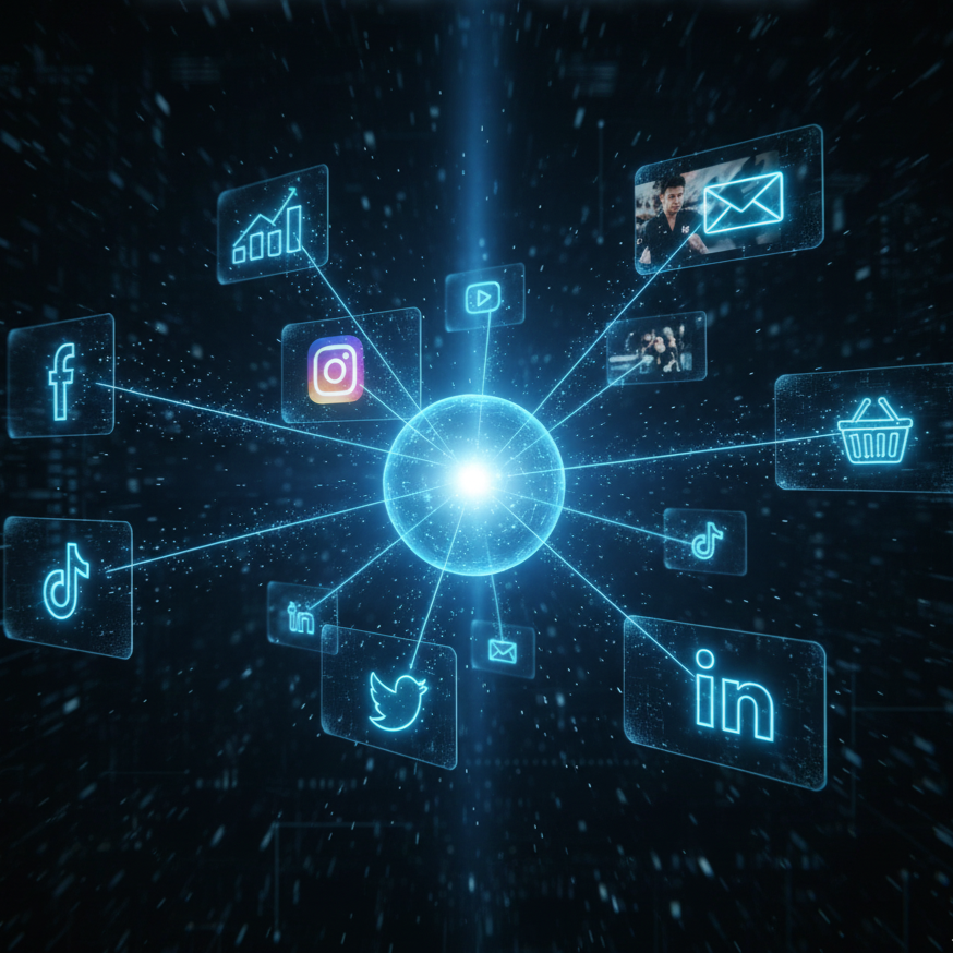 Digital illustration of social media icons connected to a central glowing sphere, representing online networking and digital communication.