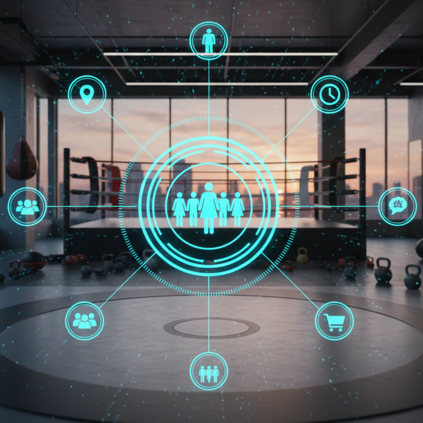 Illustration of human figures and icons representing people, location, clock, chat, shopping cart, and others, overlaid on a gym or fitness studio with a boxing ring and equipment, digitally connected with glowing blue lines.