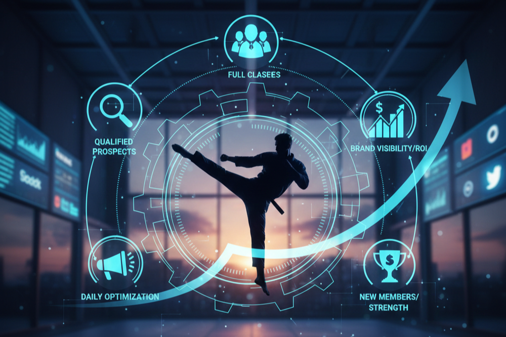 Silhouette of a person performing a high kick in front of a digital business growth infographic with icons and upward arrow.