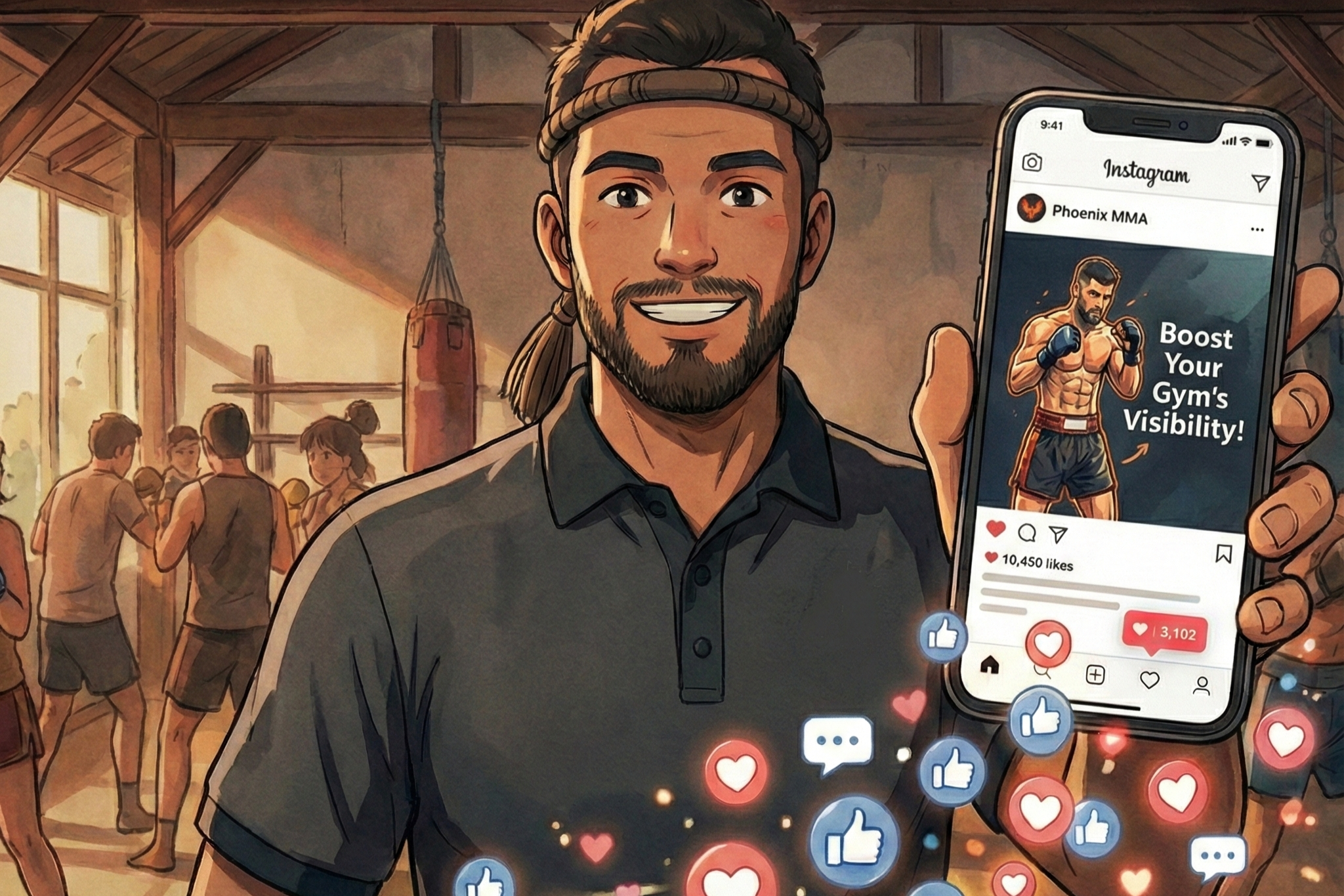 An illustrated man in a gym holding a smartphone displaying an Instagram post about boosting gym visibility, with various social media likes and reactions floating around.