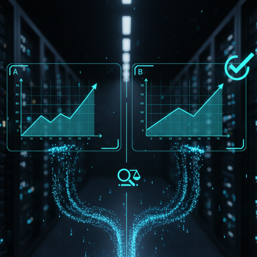 Digital illustration of big data analysis with two line graphs labeled A and B, showing upward trends, connected by glowing data streams in a server room.