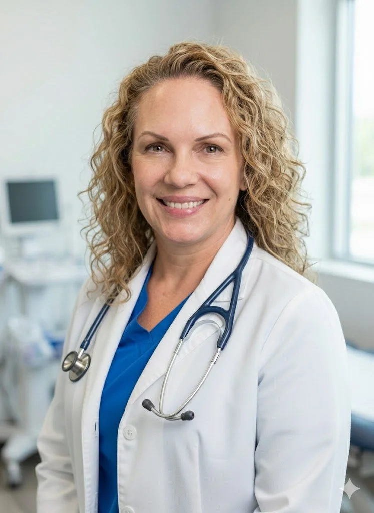 A female doctor with curly blonde hair, wearing a white lab coat and a blue scrubs, smiling in a medical office.