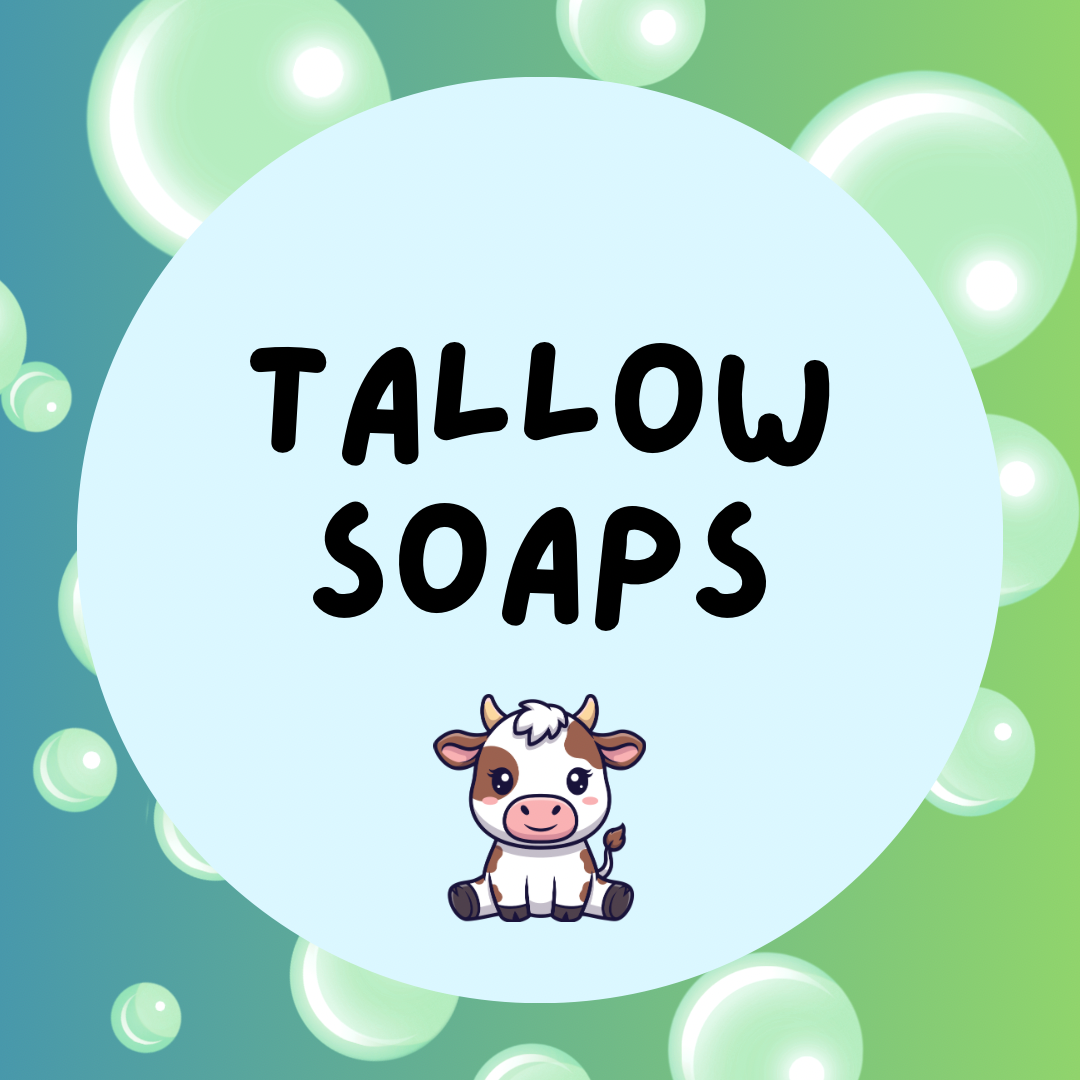 A circle with text in the center reading 'Tallow Soaps' and a cartoon cow illustration.