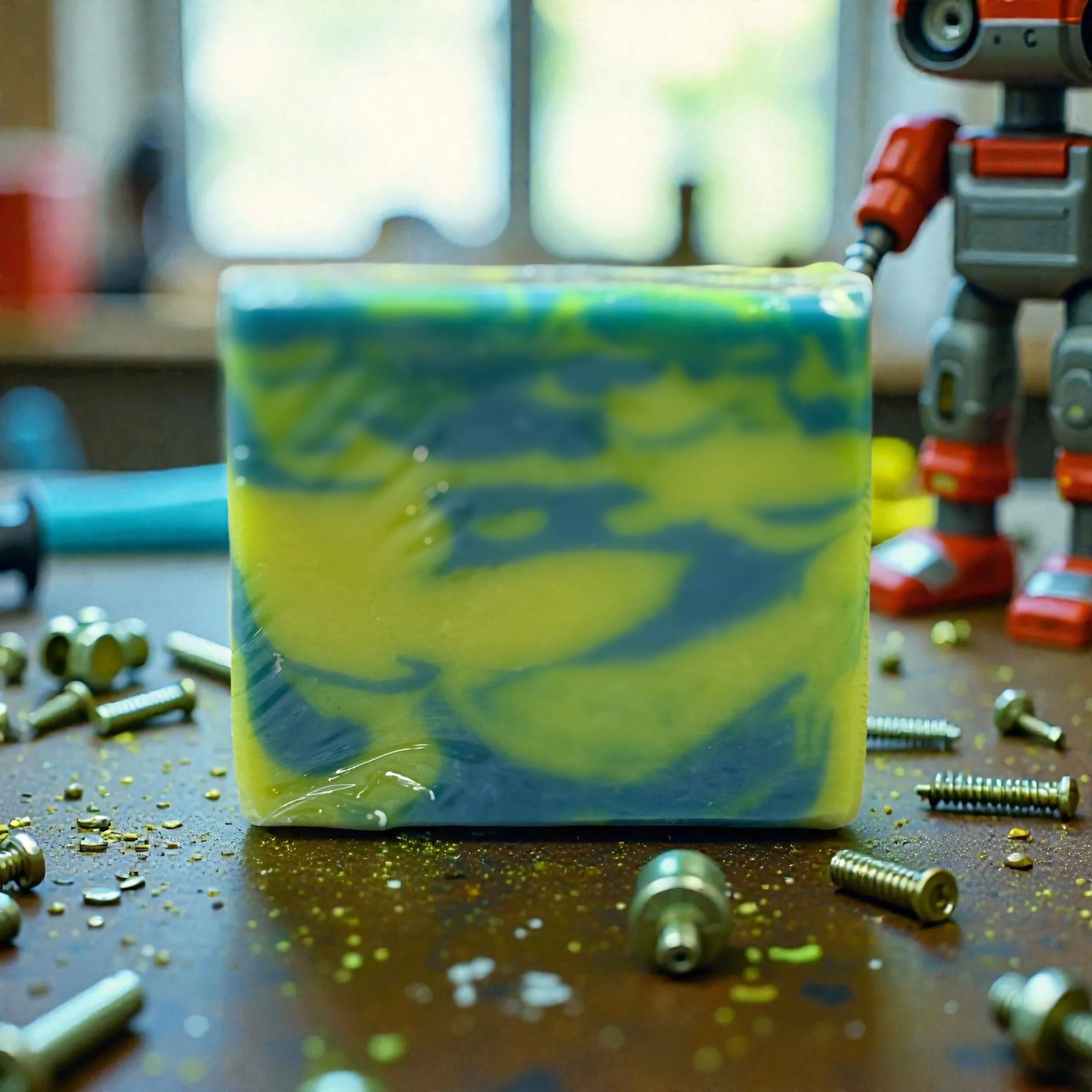 Square bar of soap with green and yellow swirls. Nuts, bolts, and screws scattered around the soap.