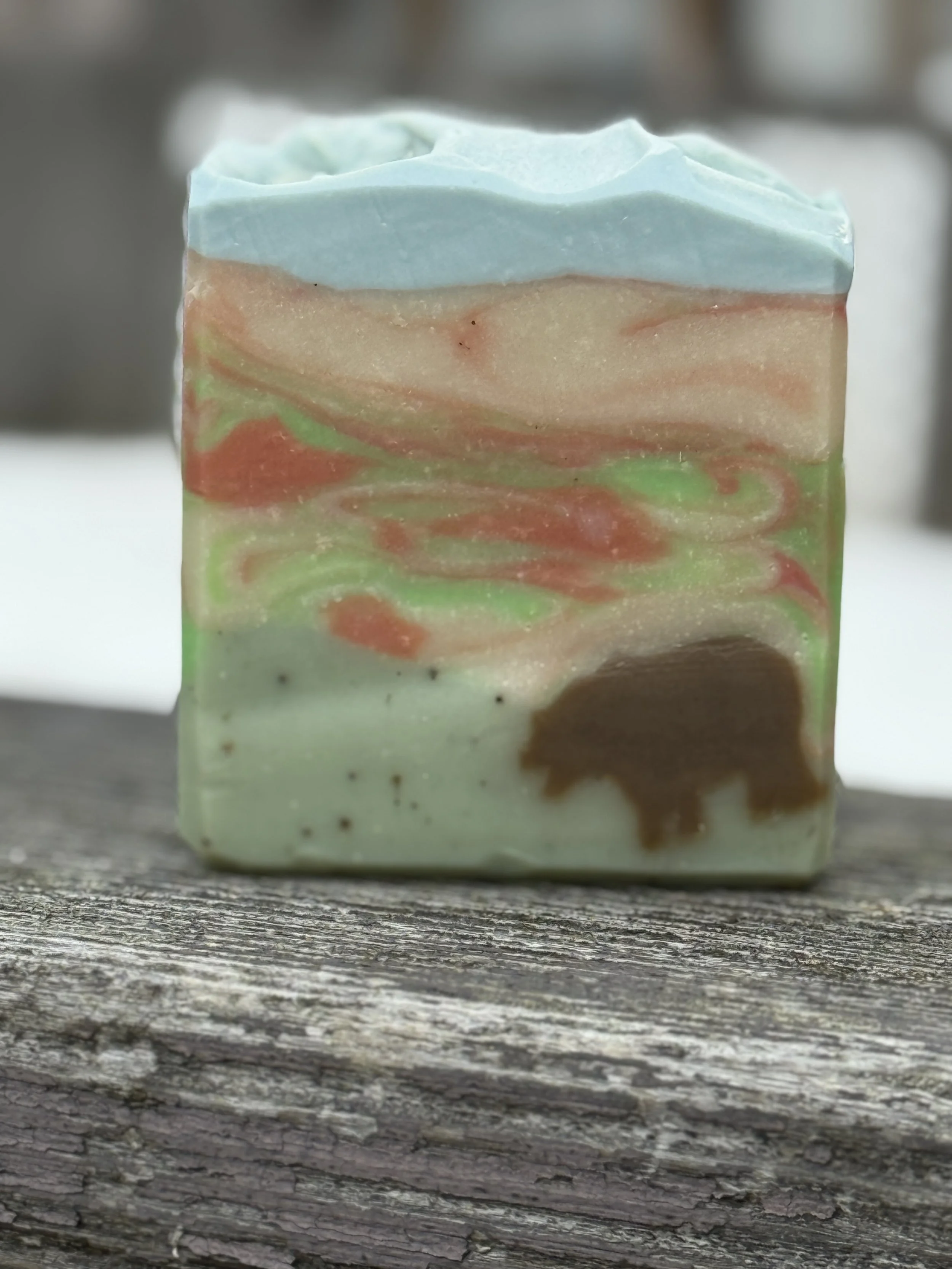 Handcrafted Tundra soap with cocoa powder bear embed and green, cream, and rust swirls, displayed on rustic wood outdoors
