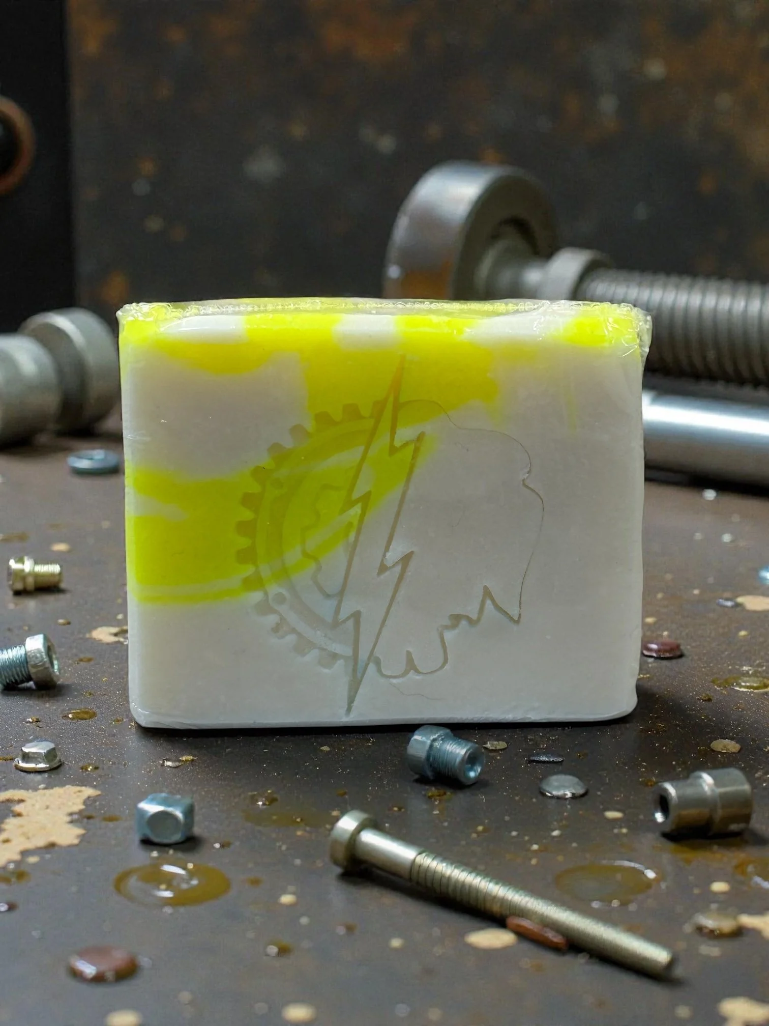 Single bar of yellow and white soap with nuts, bolts, and screws scattered around the soap.