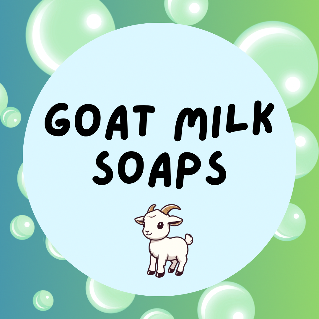 Circle with text in the center  that reads "Goat's Milk Soap" with an illustration of a smiling baby goat at the bottom, set against a green and blue background with bubbles.