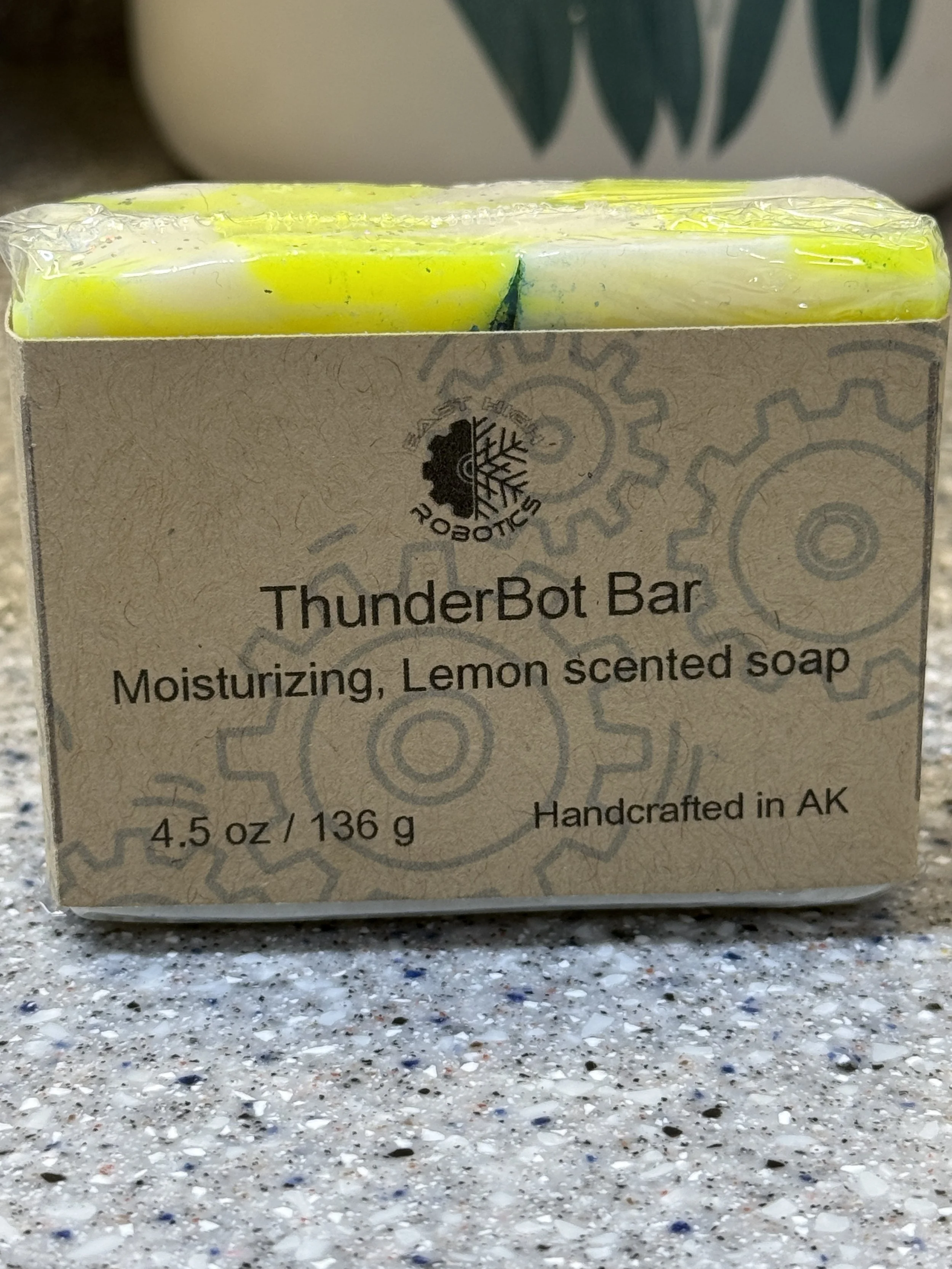 ThunderBot handcrafted soap with bold yellow accents and lightning bolt inspired design.