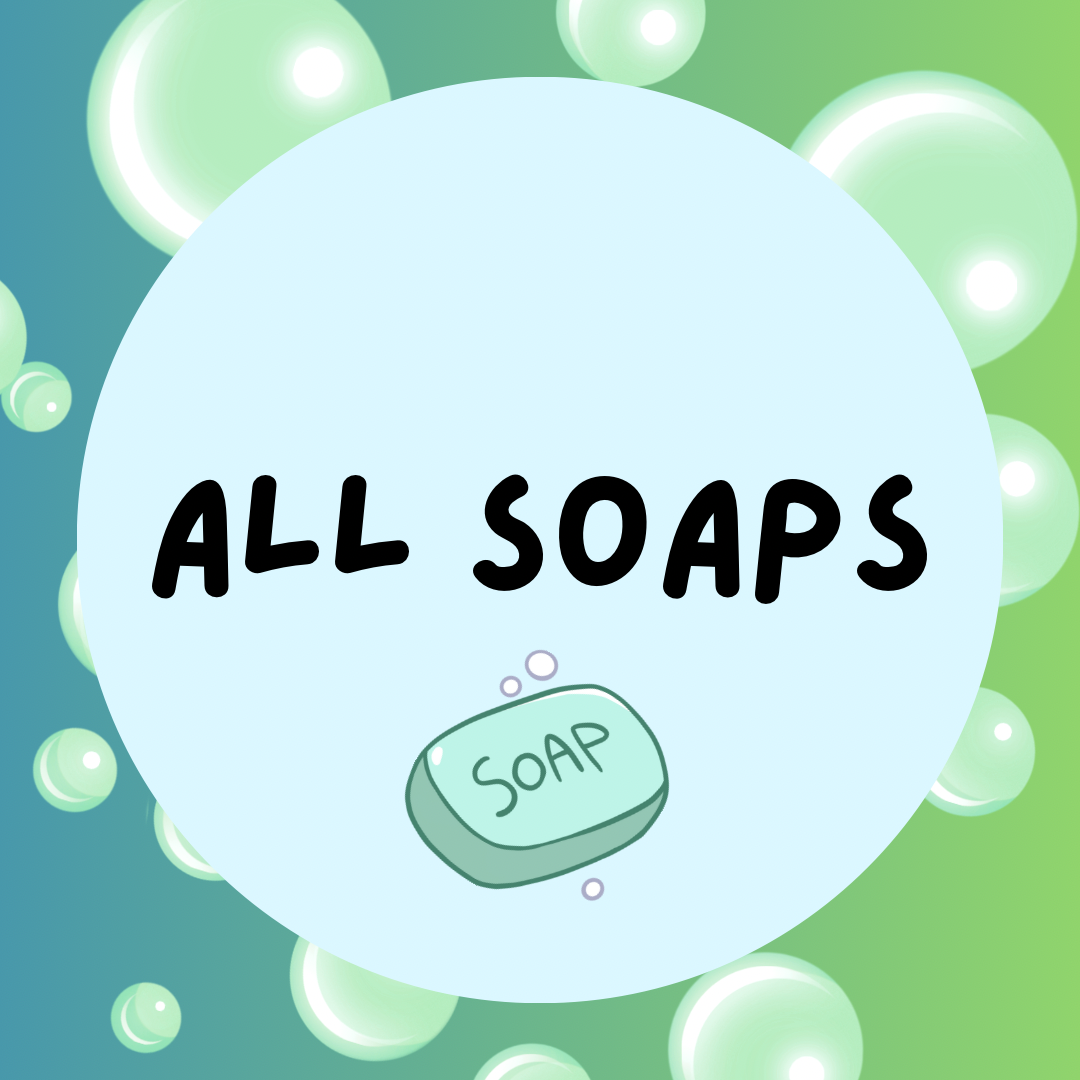 Circle with a blue circle in the center with the text "All Soaps" and a cartoon bar of soap.