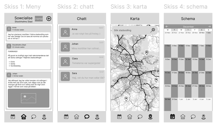 Low-fidelity wireframes of main functions of the mobile application prototype.