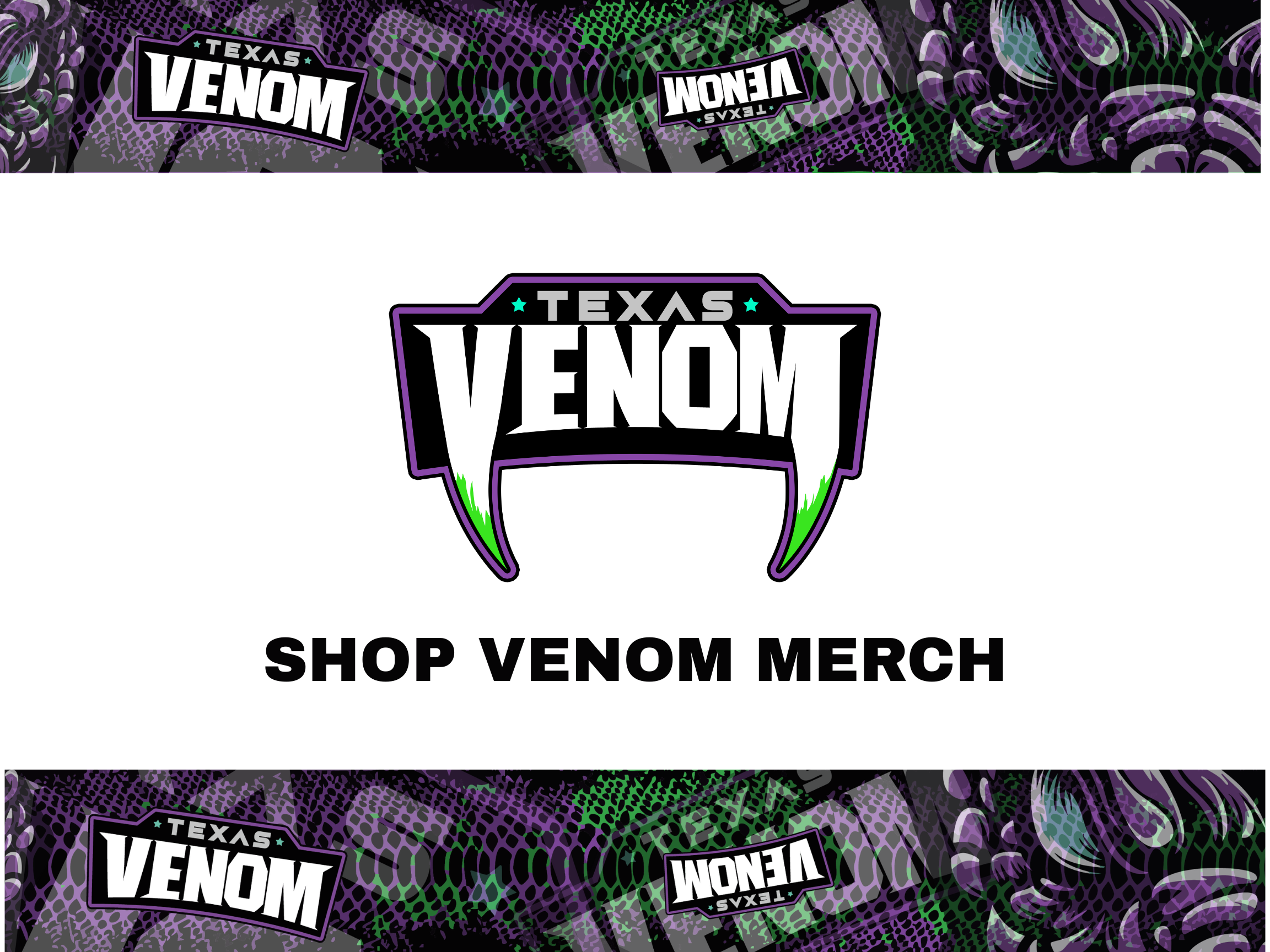 Promotional graphic for Texas Venom, featuring their logo with snake fangs and text that reads 'Shop Venom Merch' against a colorful, snake scale pattern background.