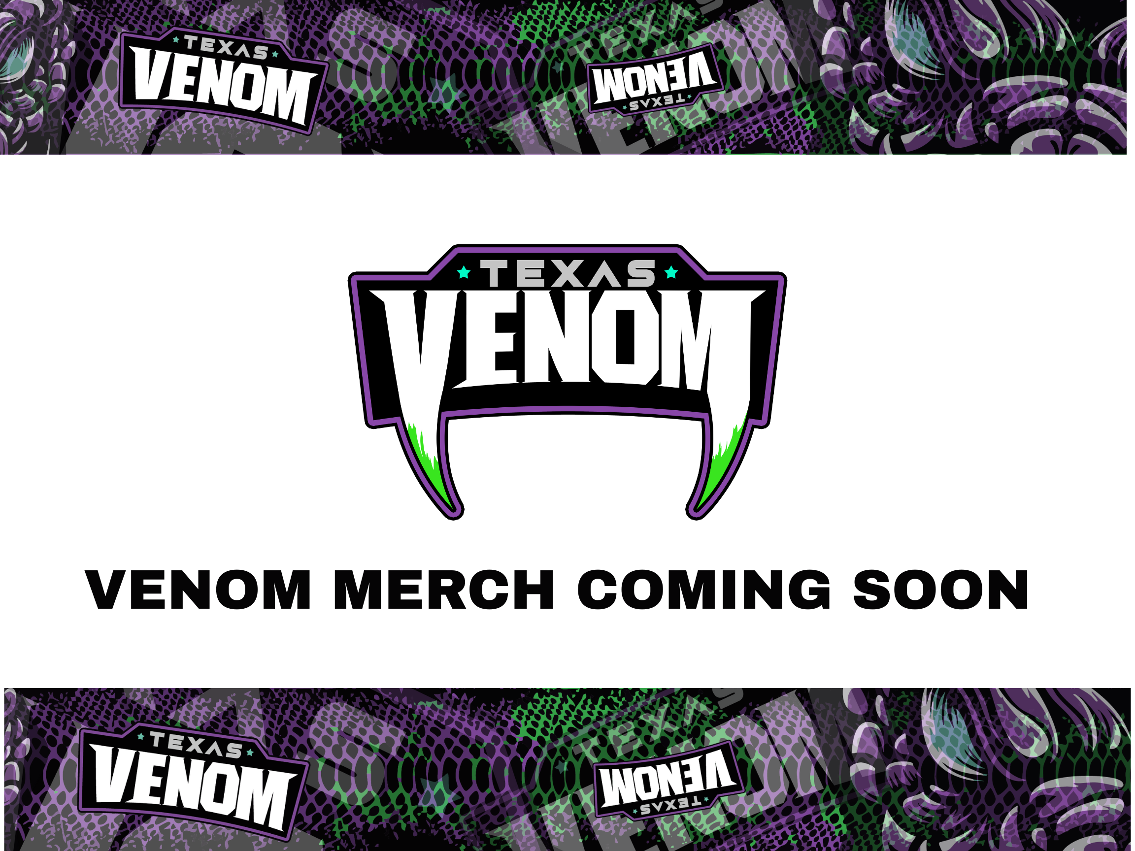Announcing that Texas Venom merchandise is coming soon, with the Venom logo in the center and colorful snake skin patterns in the background.