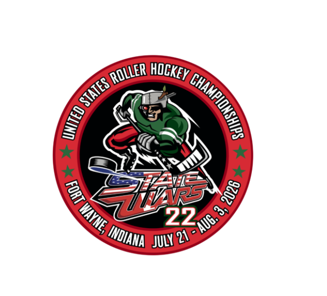 Logo for the 2026 United States Roller Hockey Championships in Fort Wayne, Indiana, July 21 to August 3, featuring a cartoon hockey player in a green jersey and helmet, with the Star Wars logo and a hockey stick.