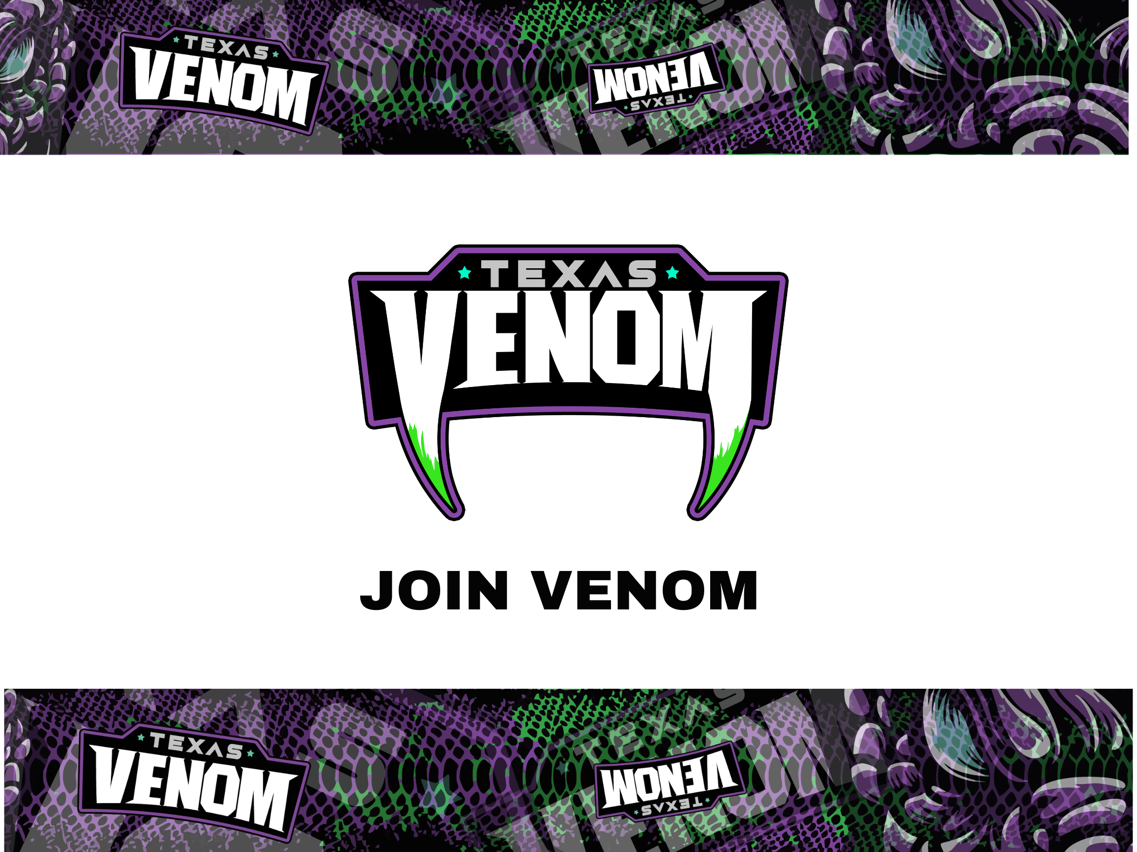 A promotional graphic with a white background for Texas Venom, featuring the Venom logo with a black, green, and purple color scheme, and the text 'Join Venom' below.