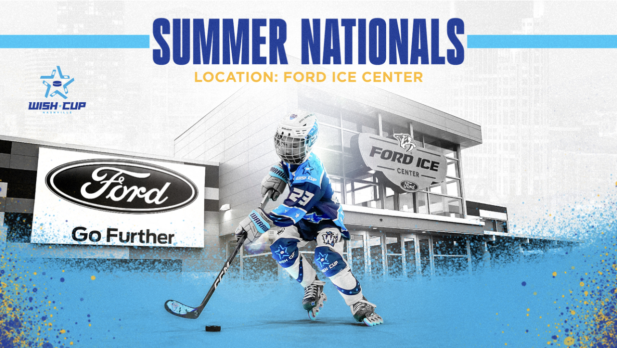 Promotional poster for summer nationals at Ford Ice Center featuring a young hockey player in full gear on an ice rink. The background shows the Ford Ice Center building with signage and sponsor logos, including Ford and Wish Cup.