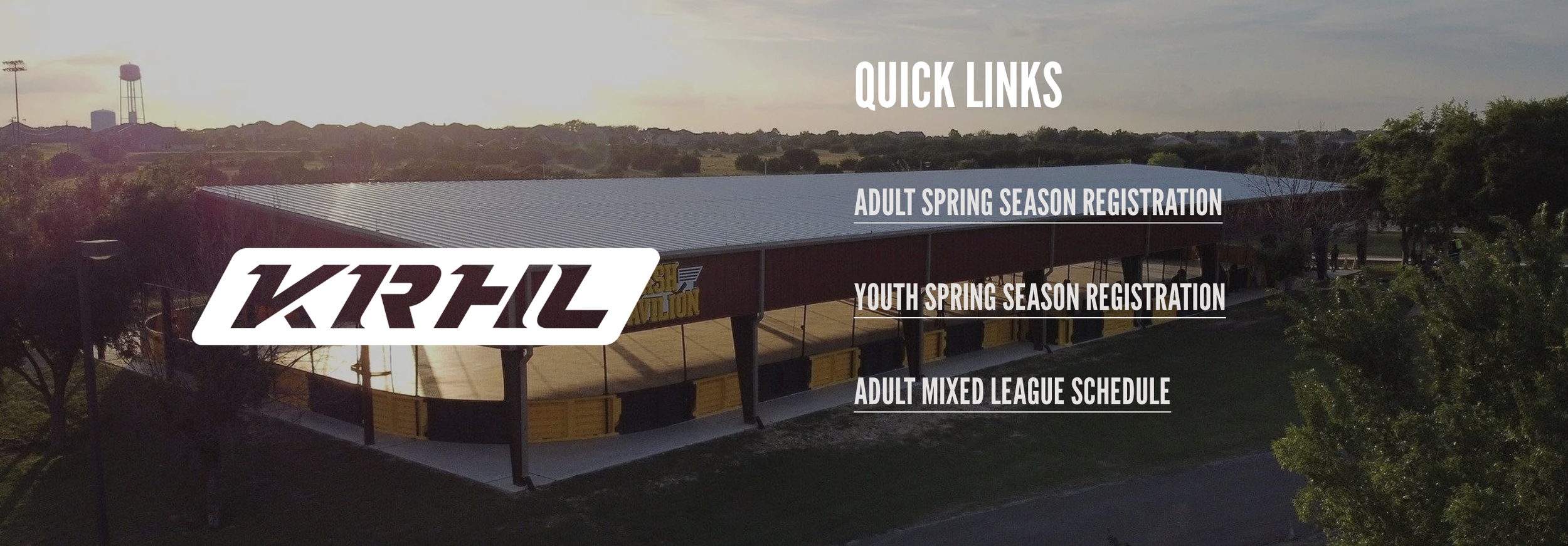 An aerial view of a sports stadium with the KKHL logo and registration information for adult spring season, youth spring season, and adult mixed league schedule overlaid.