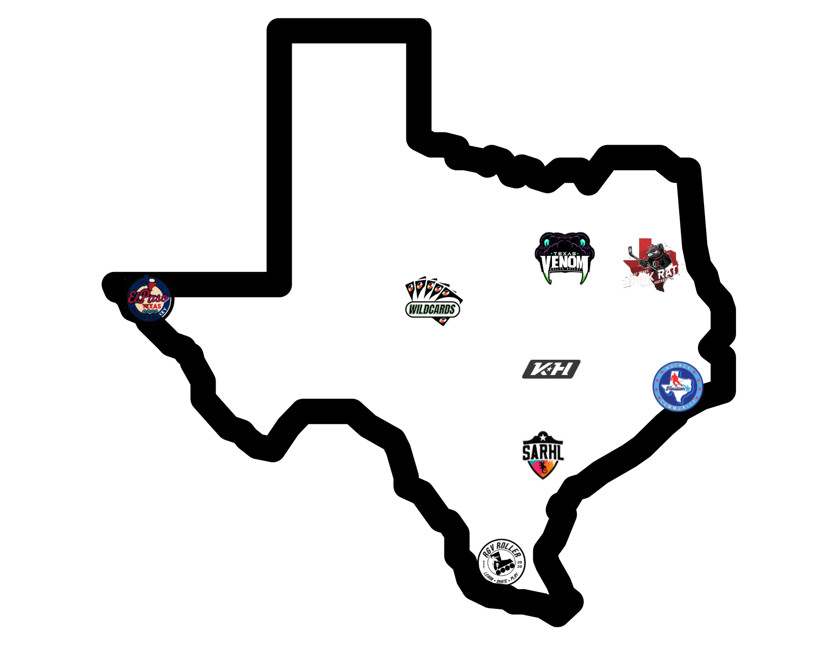 Map of Texas with hockey team logos and a black track outline.
