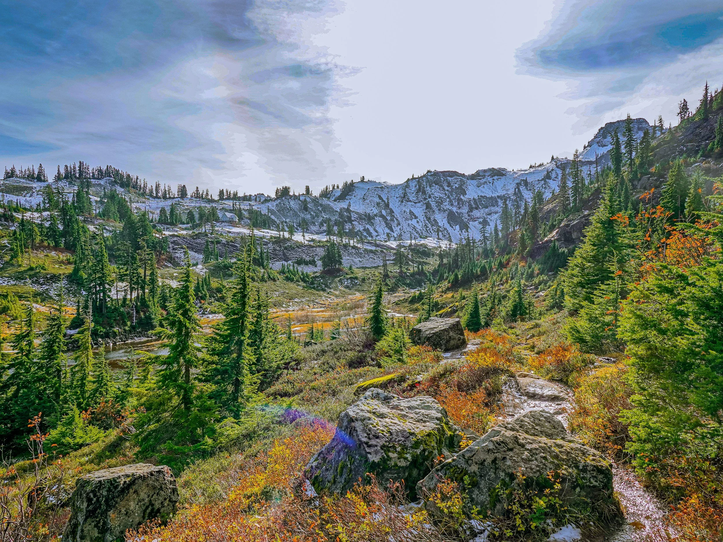 A lush mountain landscape with evergreen trees, rocks, and a partly snow-covered mountains in the background under a cloudy sky.