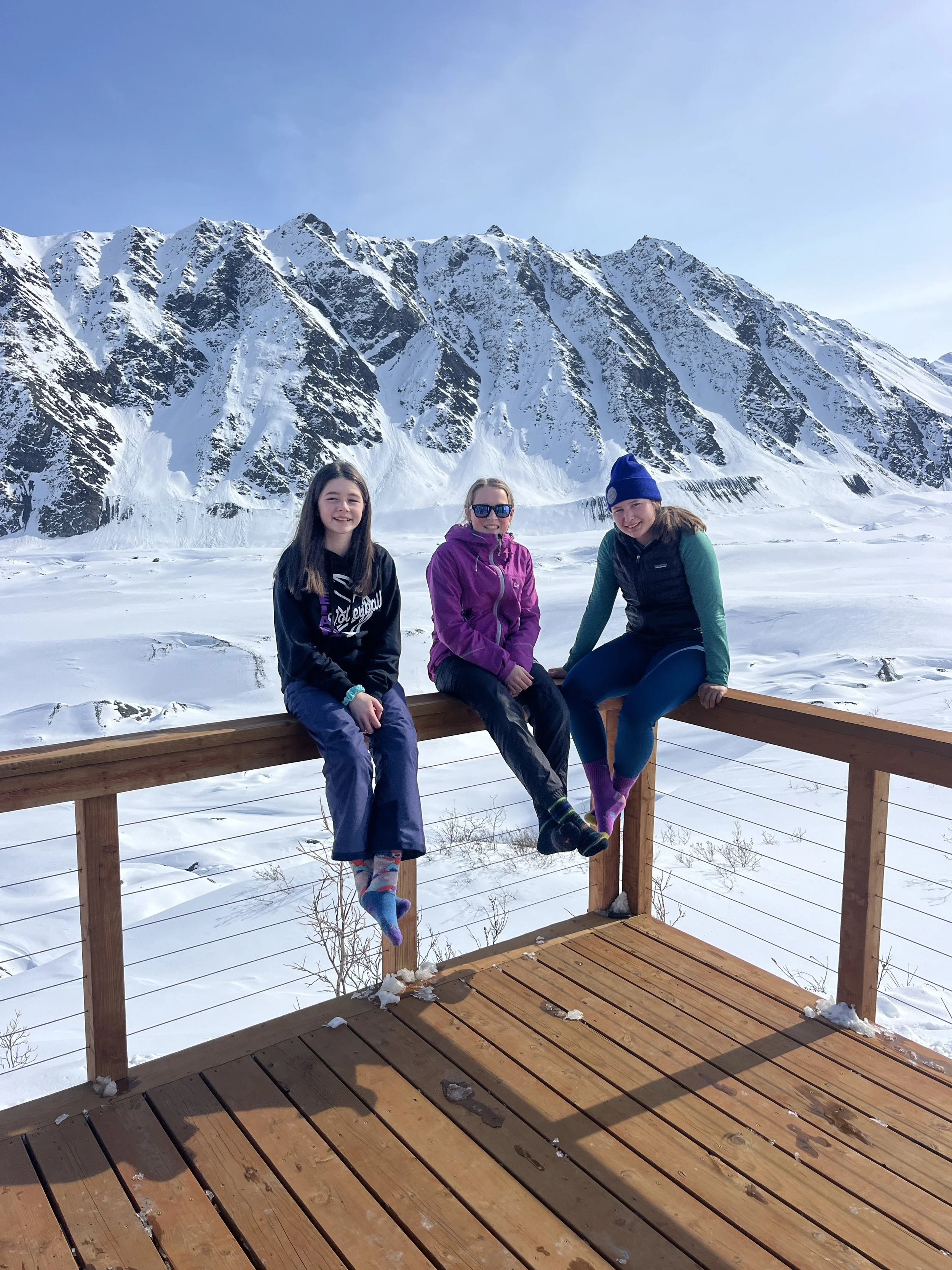 Winter hut_girls on the deck.JPG