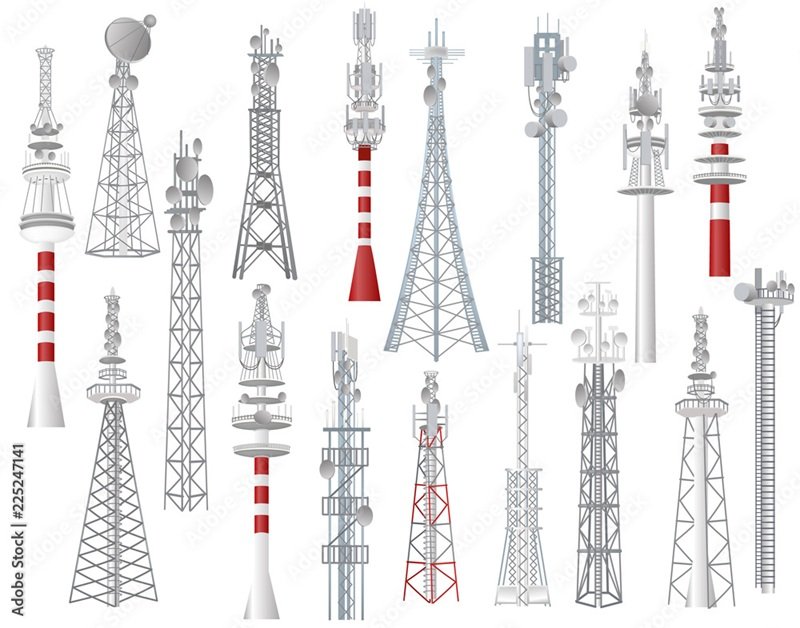 Collection of various telecommunications towers and radio antennas with different structures and designs.