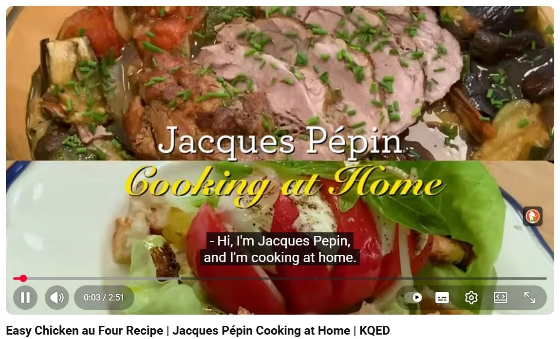 A split-screen image with a top view of a plated meal of cooked meat and vegetables on the upper half, and a close-up of a fresh salad with sliced tomatoes, basil, and other vegetables on the lower half. The text overlay says "Jacques Pépin Cooking at Home," and there are subtitles that introduce Jacques Pépin.