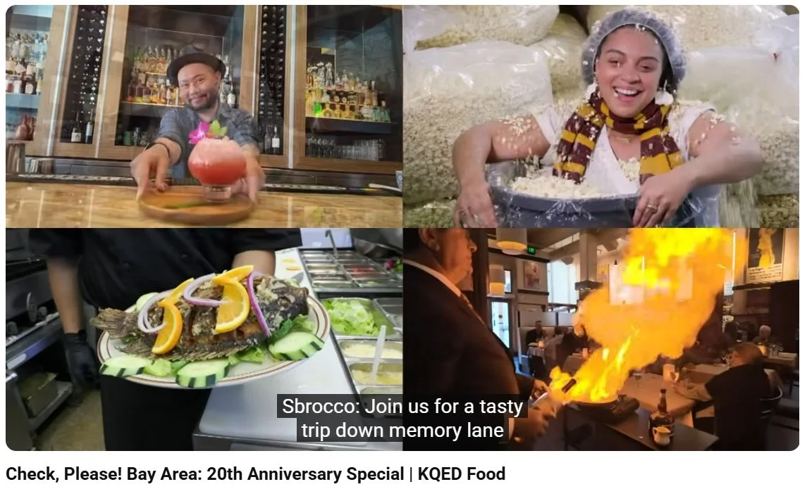 A collage of four scenes from a restaurant celebrating the 20th anniversary in the Bay Area. Top left: a bartender with a beard serving a pink cocktail garnished with flowers. Top right: a woman with a headscarf smiling while making cheese. Bottom left: a plate of fried fish garnished with lemon slices and cucumber. Bottom right: a chef performing a flaming cooking demonstration.