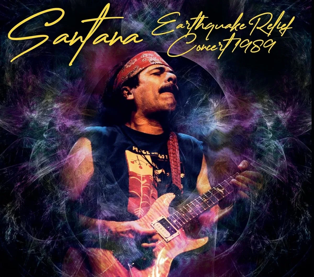 Poster of Santana's Earthquake Relief concert from 1994, featuring a man with a mustache and bandana playing an electric guitar amid colorful, swirling abstract background.