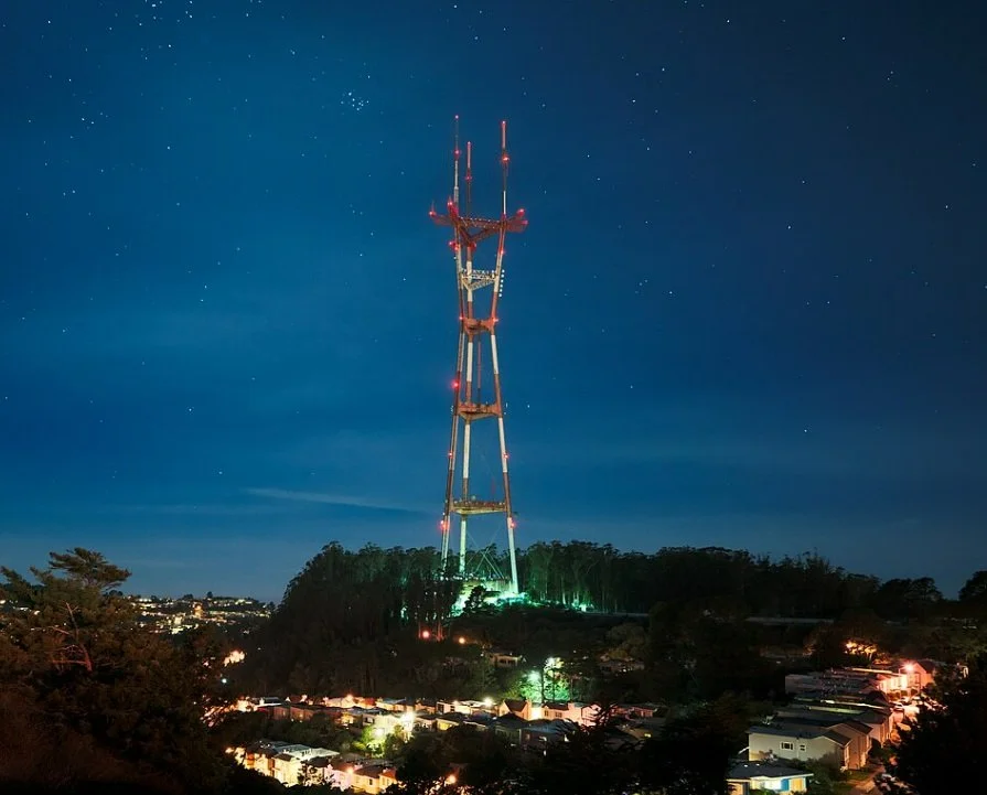 An image of Sutro Tower viewed from Twin Peaks, at eight minutes to Midnight.
