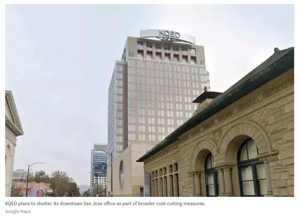 An image of a high rise building in downtown San Jose with a KQED banner on the rooftop.