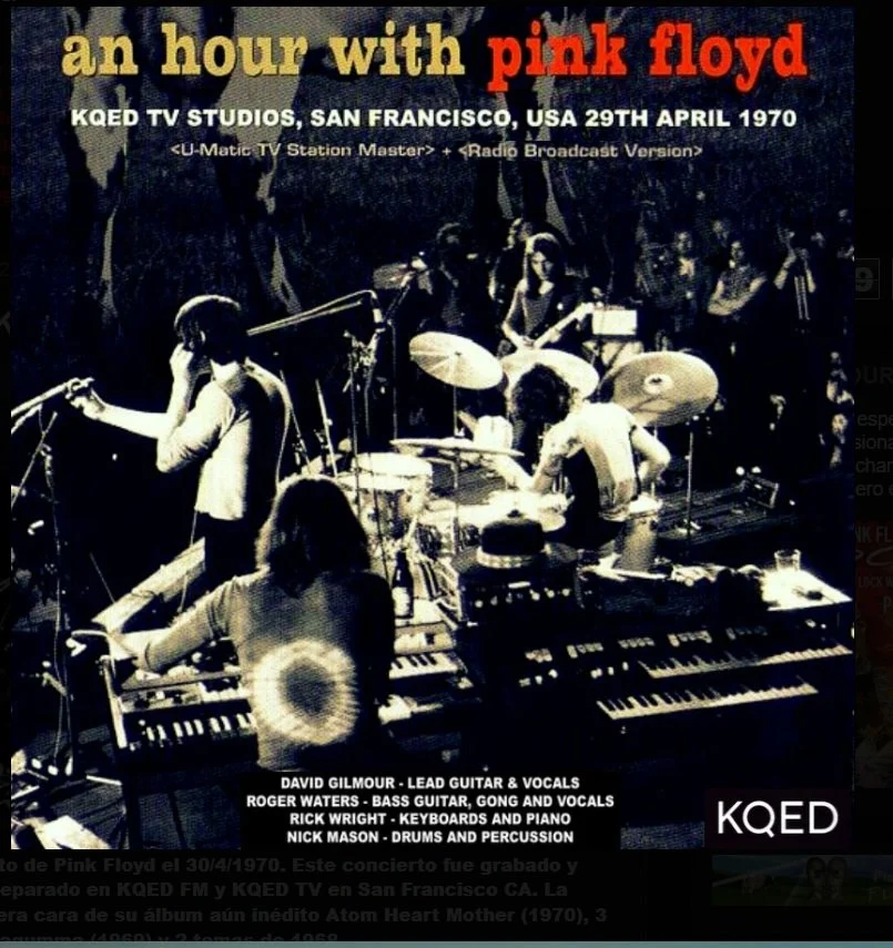 Black and white photograph of the band Pink Floyd performing on stage at KQED TV Studios in San Francisco, on April 29, 1970, with the band's name and event details printed at the top.