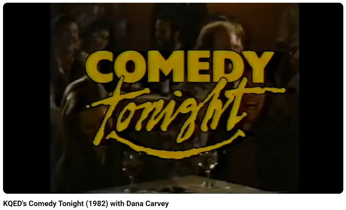 Title screen for QED's Comedy Tonight (1982) with Dana Carvey, featuring large yellow and black text overlaying a scene of a lively social gathering.