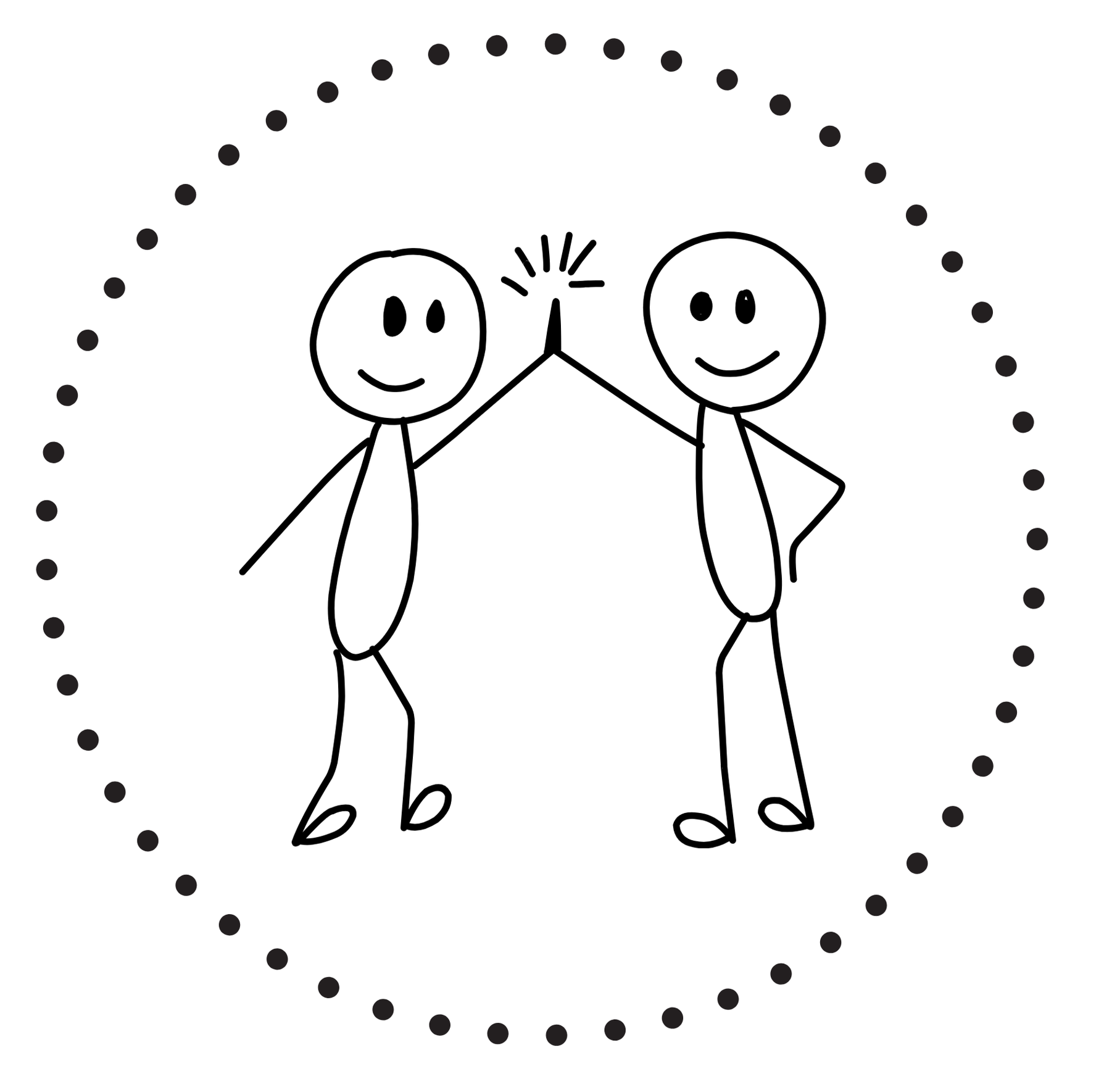 Two stick figures giving each other a high five inside a dotted circle.