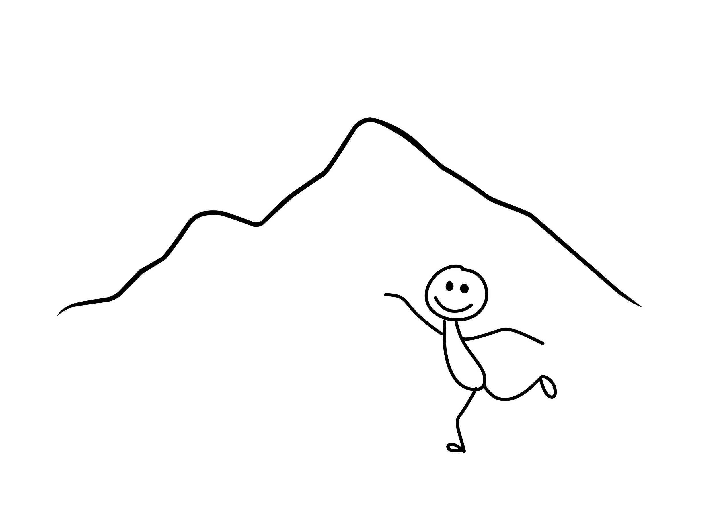 A simple black and white line drawing of a smiling stick figure person running in front of a mountain range.