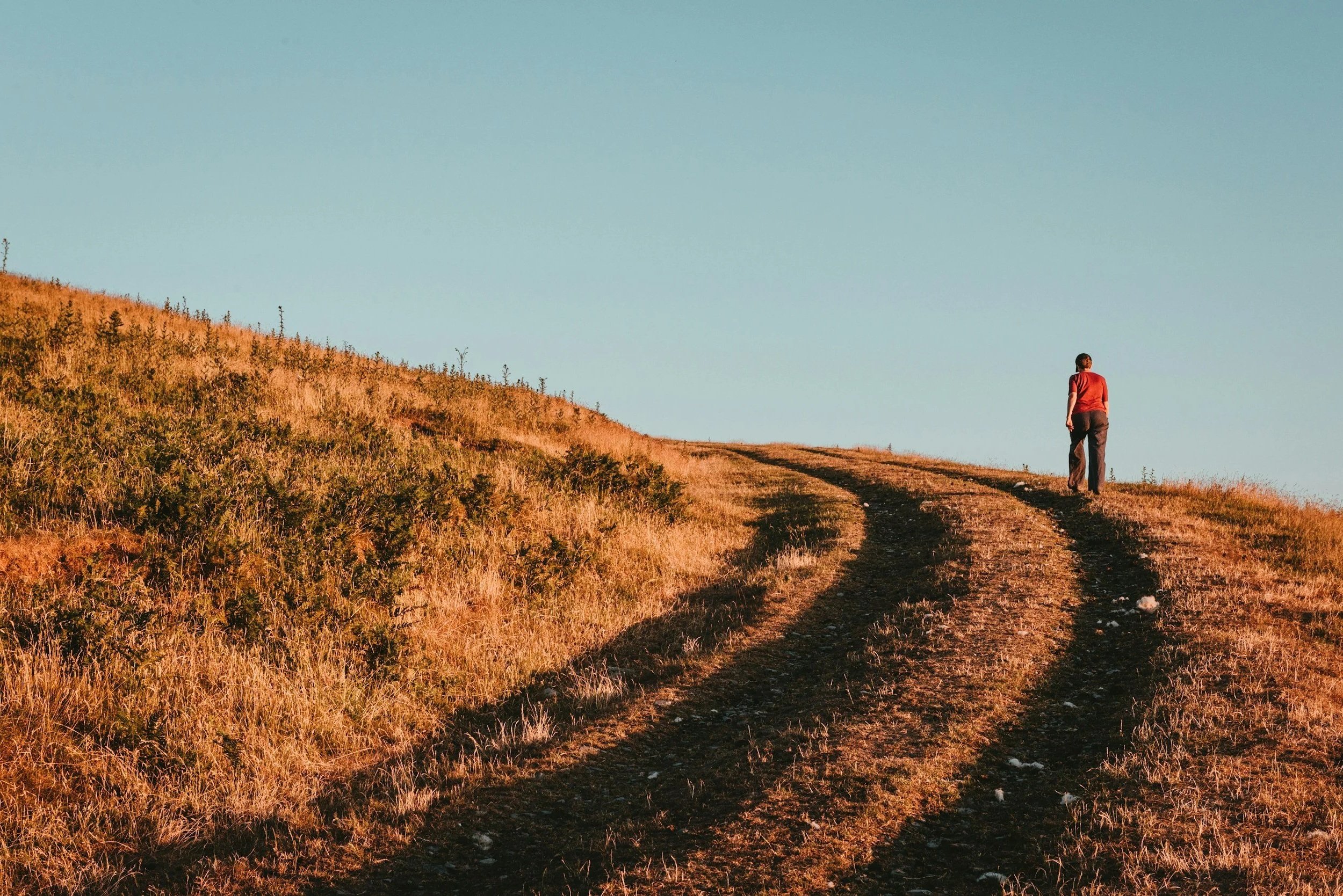 A person walking along a dirt path on a grassy hill during sunset.
