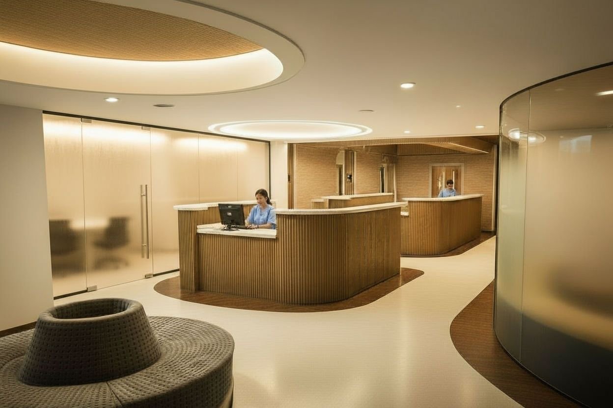 Check-Out

featuring a vitals room on the right and a desk with ADA accessibility