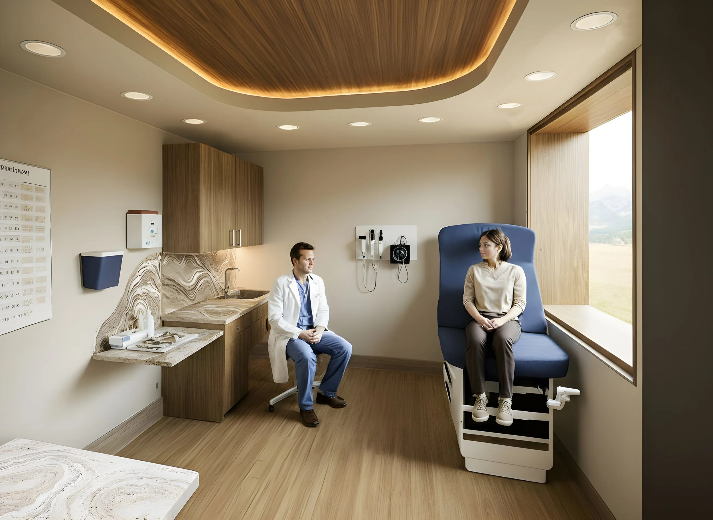 Exam Room including a consultation table, casework, and views of the Montana mountains